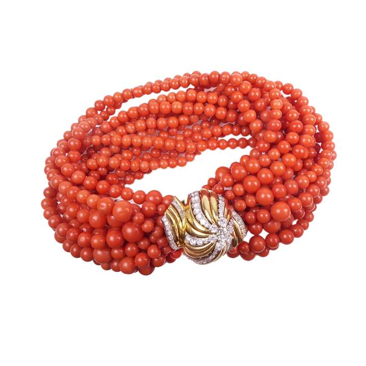 Multi-row corallium rubrum bead and 18ct gold and diamond clasp bracelet